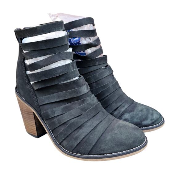 Black Leather Strappy Ankle Boots Free People Hybrid Size EU 39 Cage Bootie Zip - Picture 1 of 13